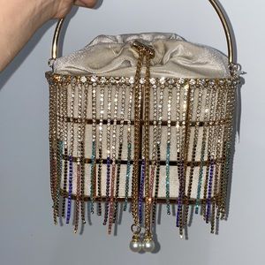 Beige Velvet Rhinestone Gold Cage Pearl Purse